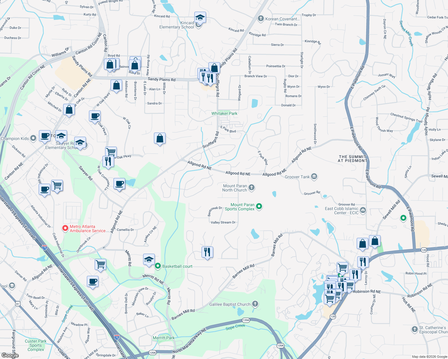 map of restaurants, bars, coffee shops, grocery stores, and more near 1517 Hillhaven Drive in Marietta
