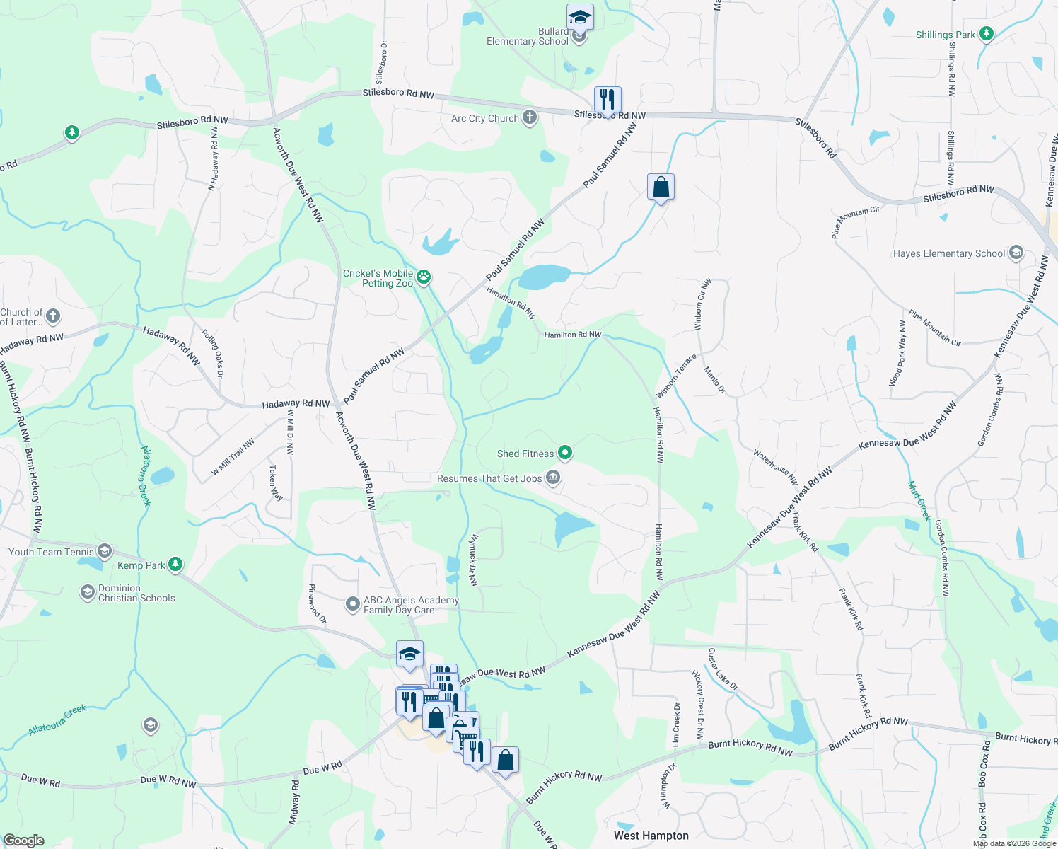 map of restaurants, bars, coffee shops, grocery stores, and more near 3710 Country Estate Drive in Kennesaw