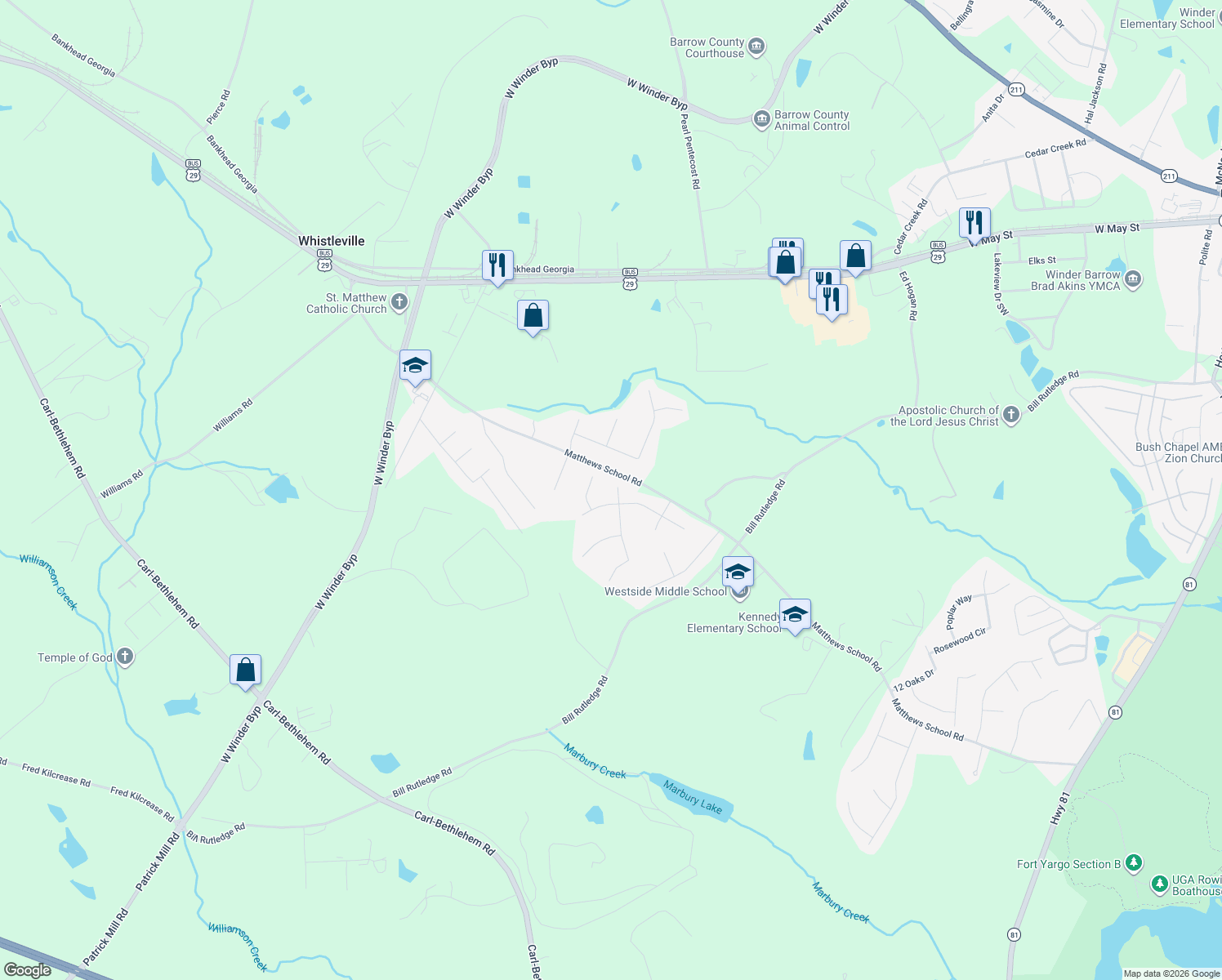 map of restaurants, bars, coffee shops, grocery stores, and more near 203 Whistleville Ct in Winder