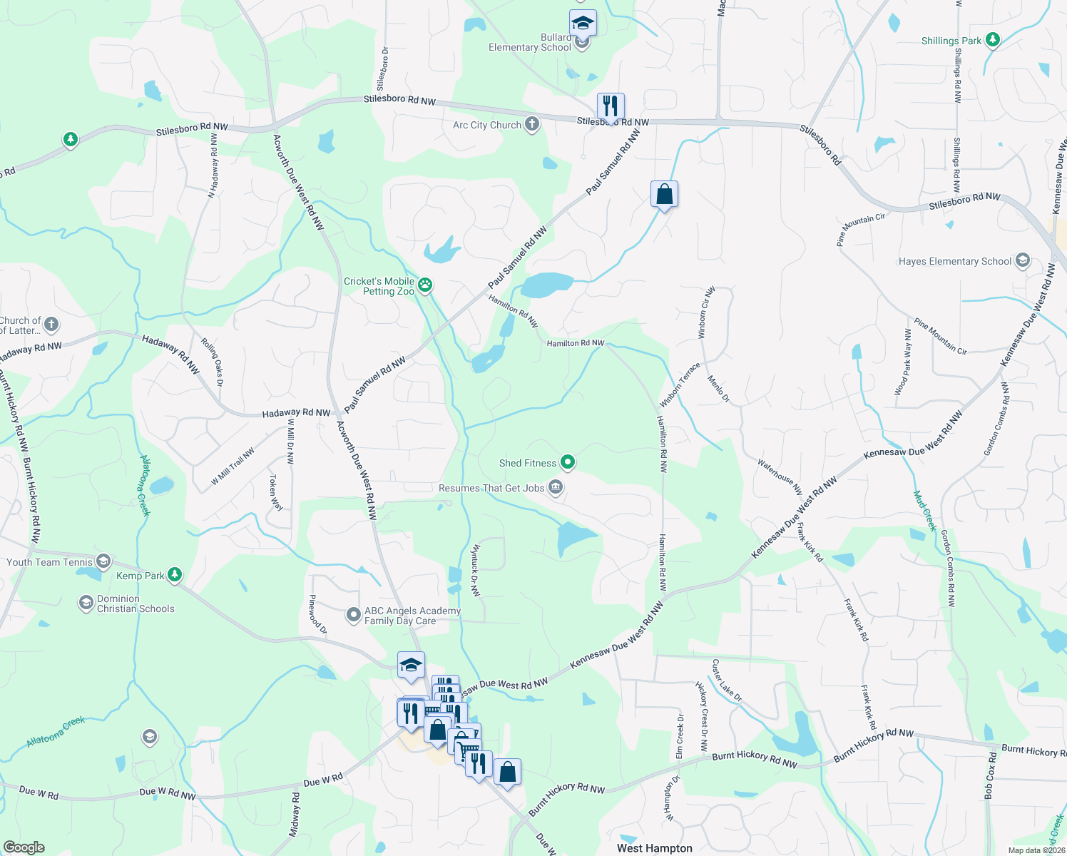 map of restaurants, bars, coffee shops, grocery stores, and more near 3710 Country Estate Drive in Kennesaw