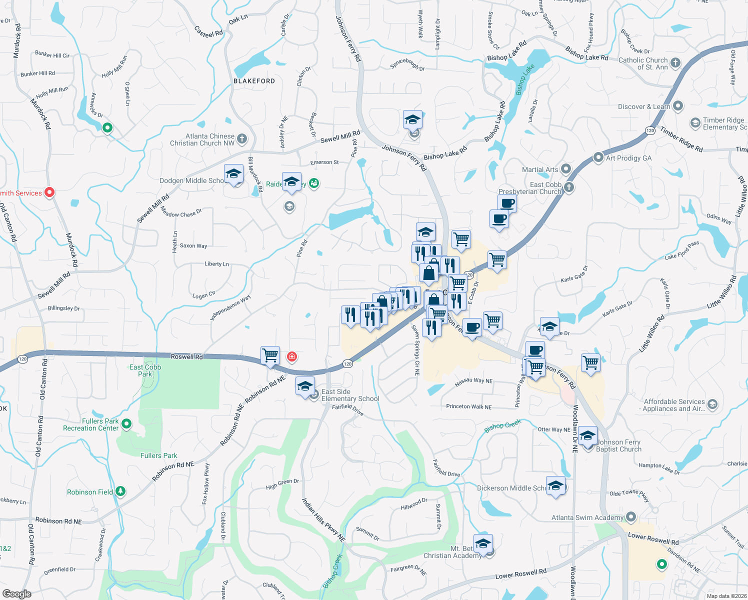 map of restaurants, bars, coffee shops, grocery stores, and more near 1453 Grayson Ct in Marietta
