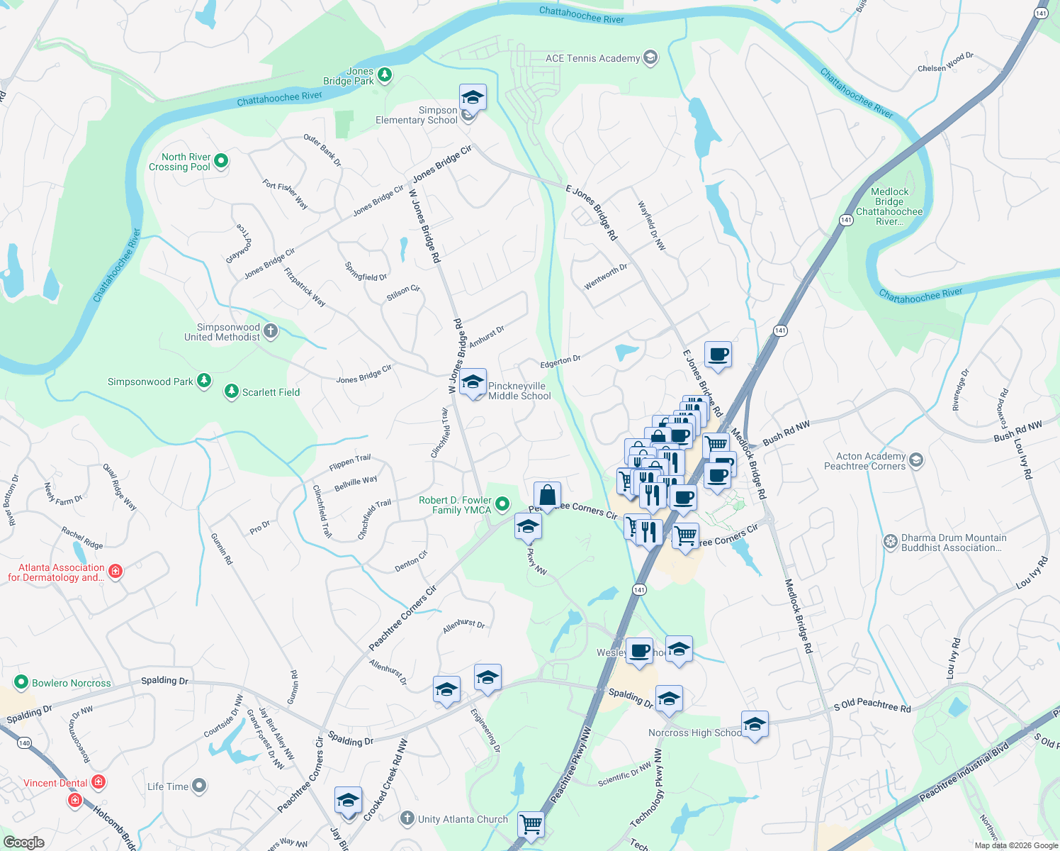 map of restaurants, bars, coffee shops, grocery stores, and more near 5540 Edgerton Dr in Norcross