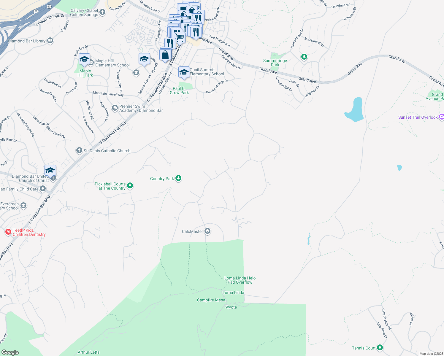 map of restaurants, bars, coffee shops, grocery stores, and more near 2330 Indian Creek Road in Diamond Bar