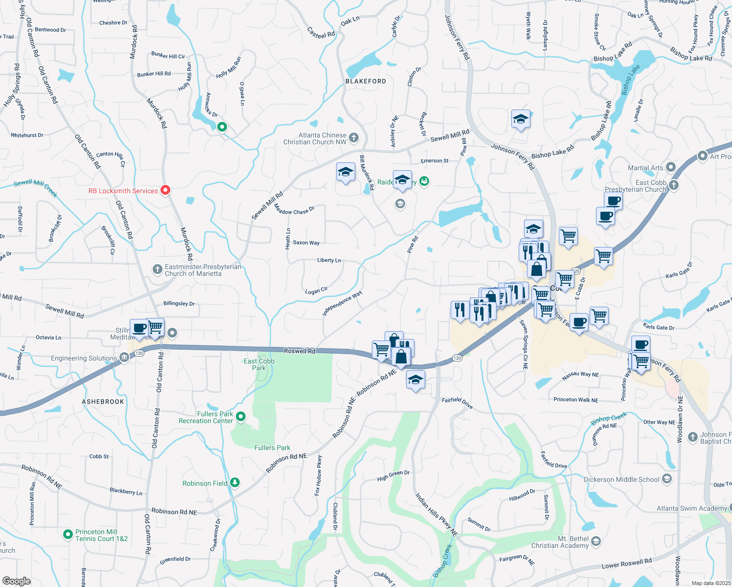 map of restaurants, bars, coffee shops, grocery stores, and more near 1384 Independence Way in Marietta