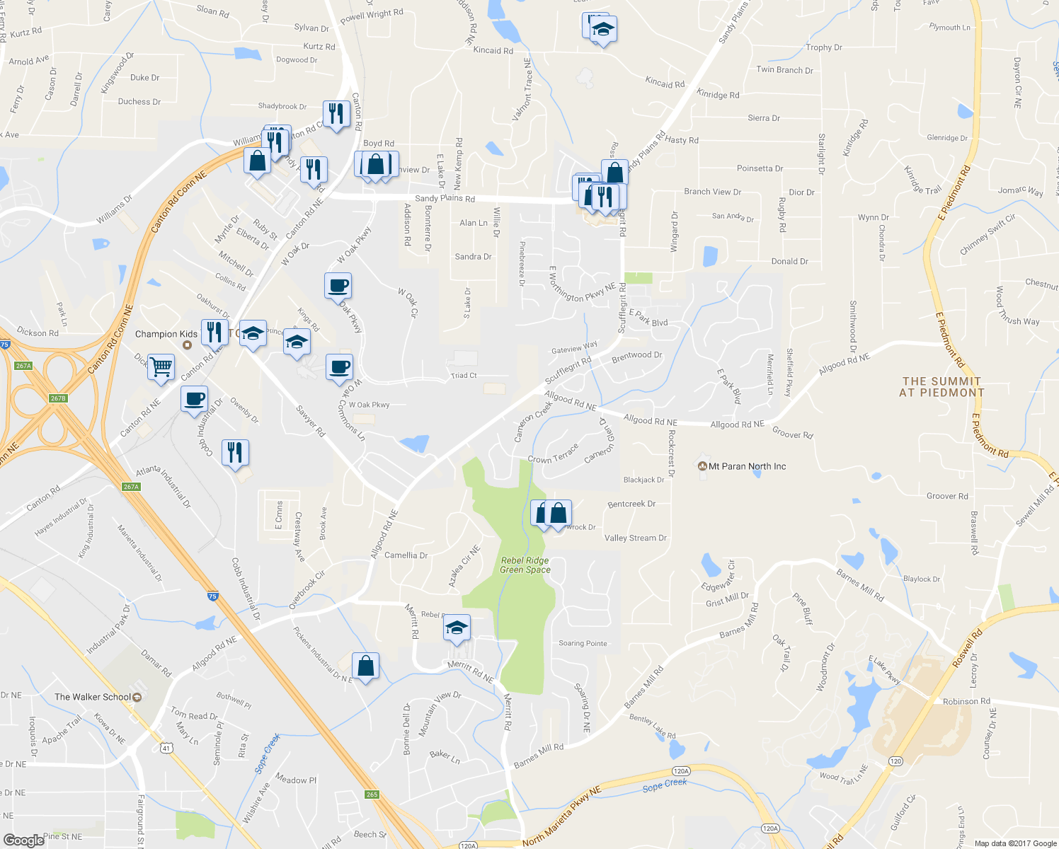 map of restaurants, bars, coffee shops, grocery stores, and more near 1270 Cameron Creek in Marietta
