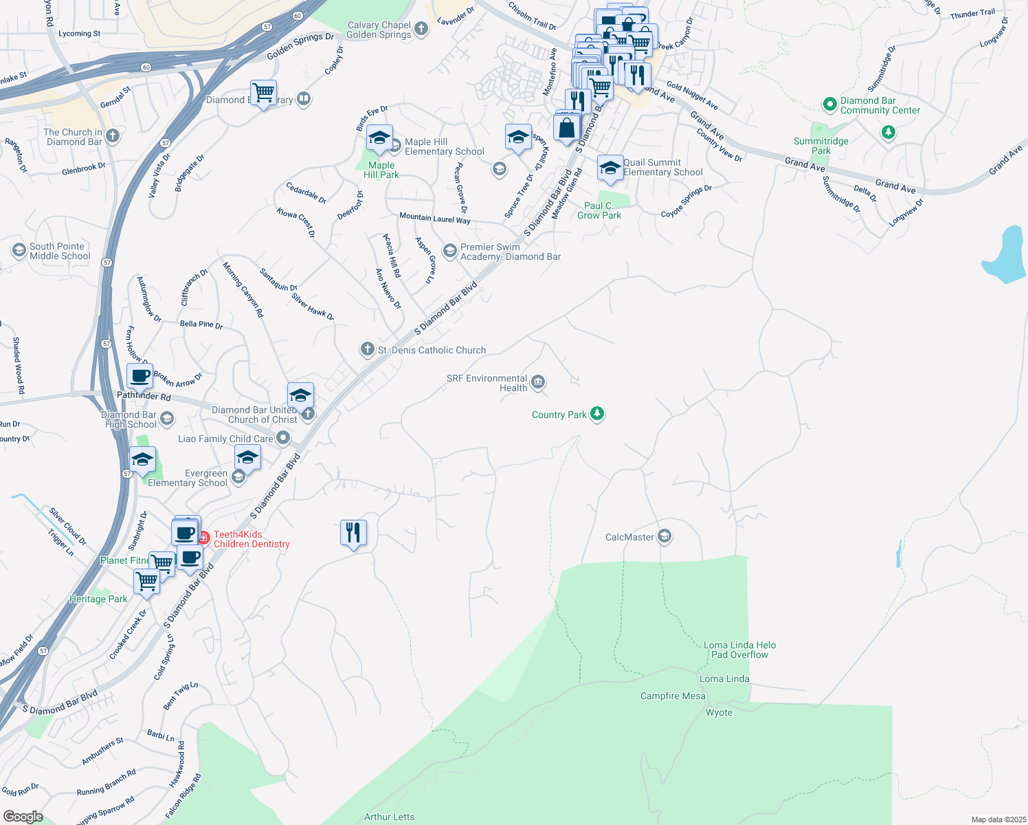 map of restaurants, bars, coffee shops, grocery stores, and more near 22810 Lazy Trail Road in Diamond Bar