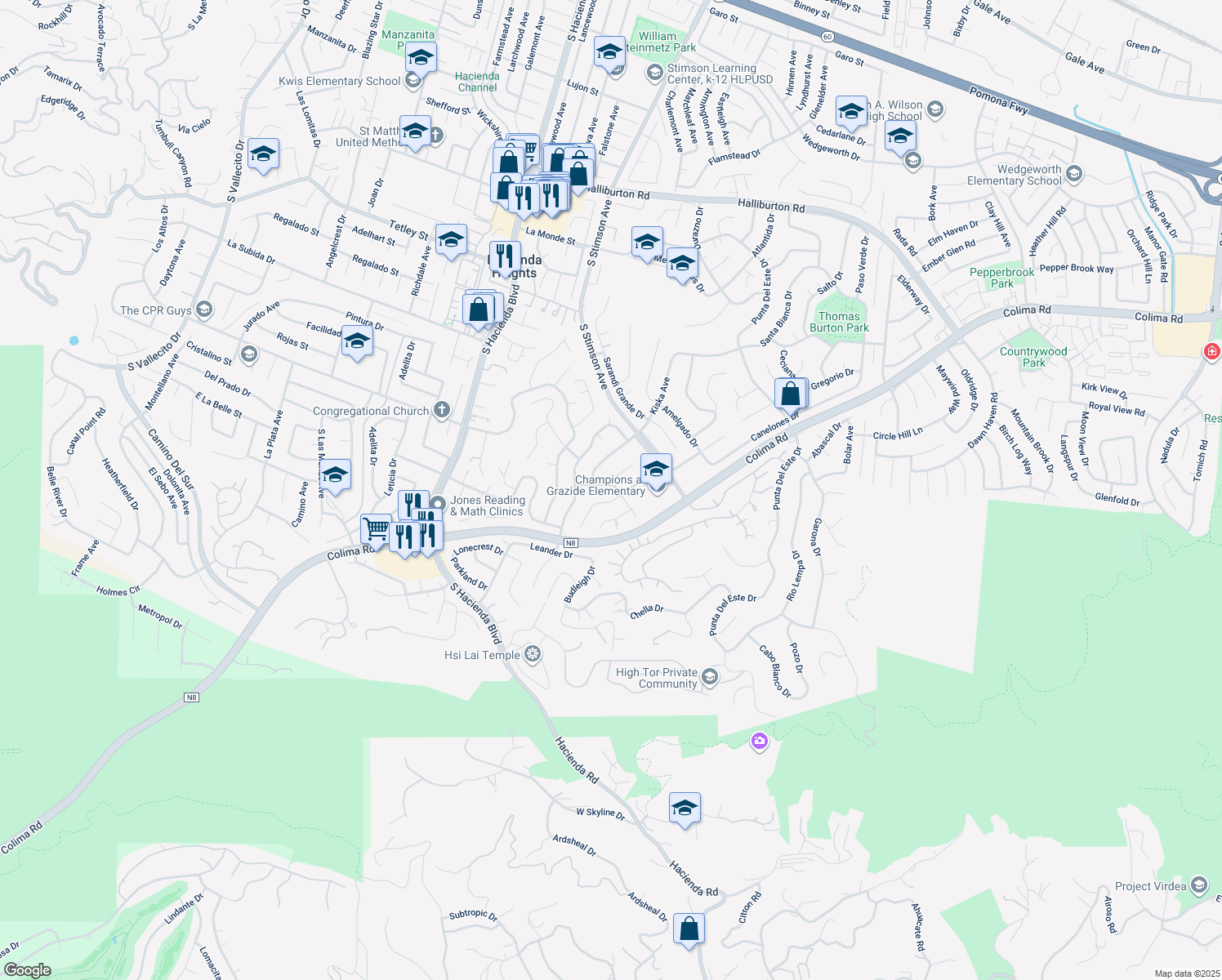 map of restaurants, bars, coffee shops, grocery stores, and more near 16060 Villa Flores Drive in Hacienda Heights