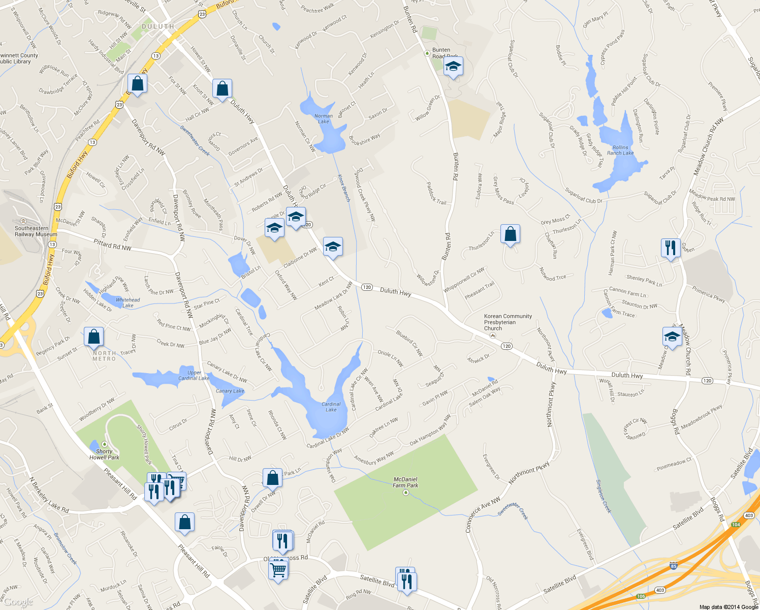 map of restaurants, bars, coffee shops, grocery stores, and more near 2769 Duluth Hwy in Duluth