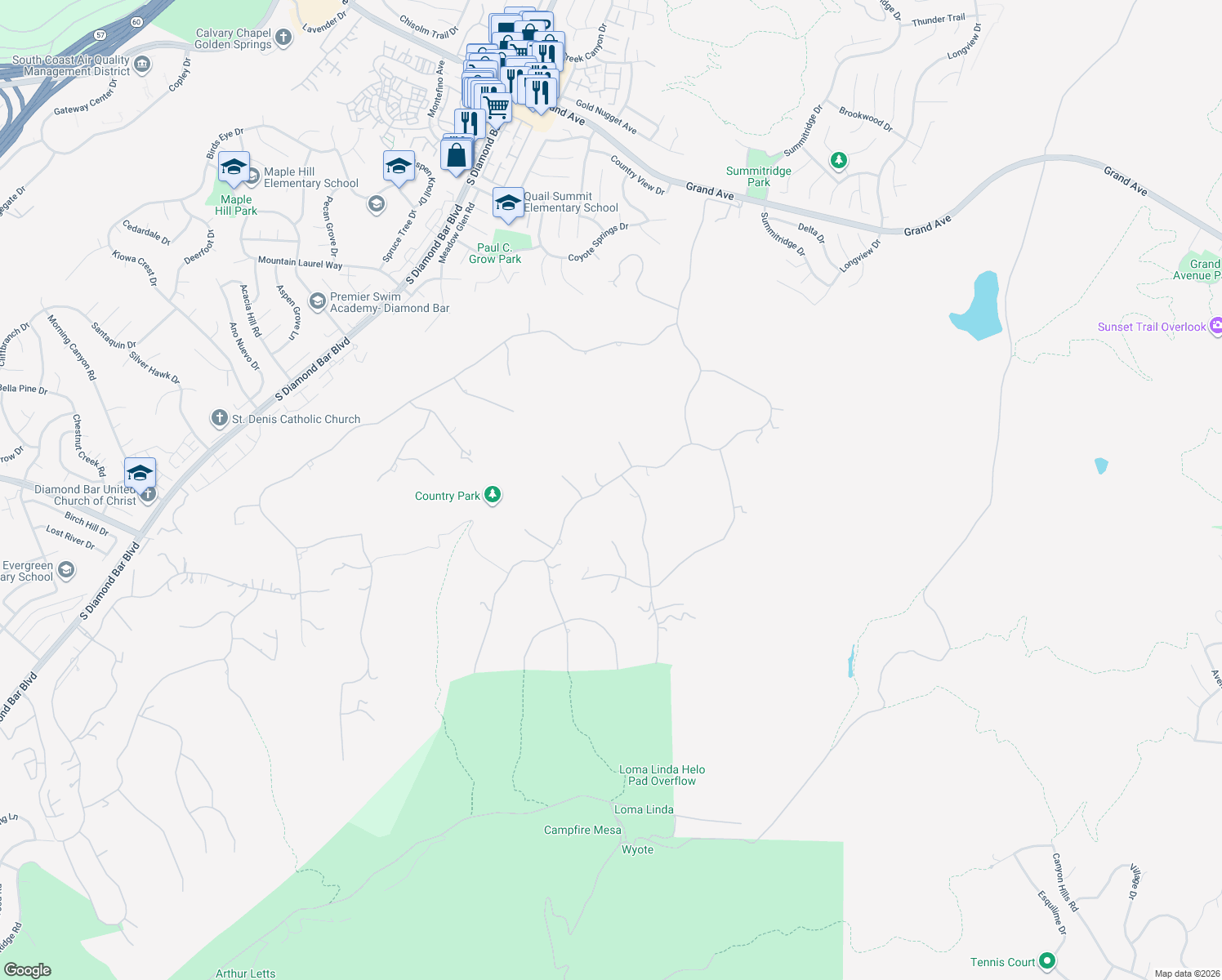map of restaurants, bars, coffee shops, grocery stores, and more near 2346 Indian Creek Road in Diamond Bar