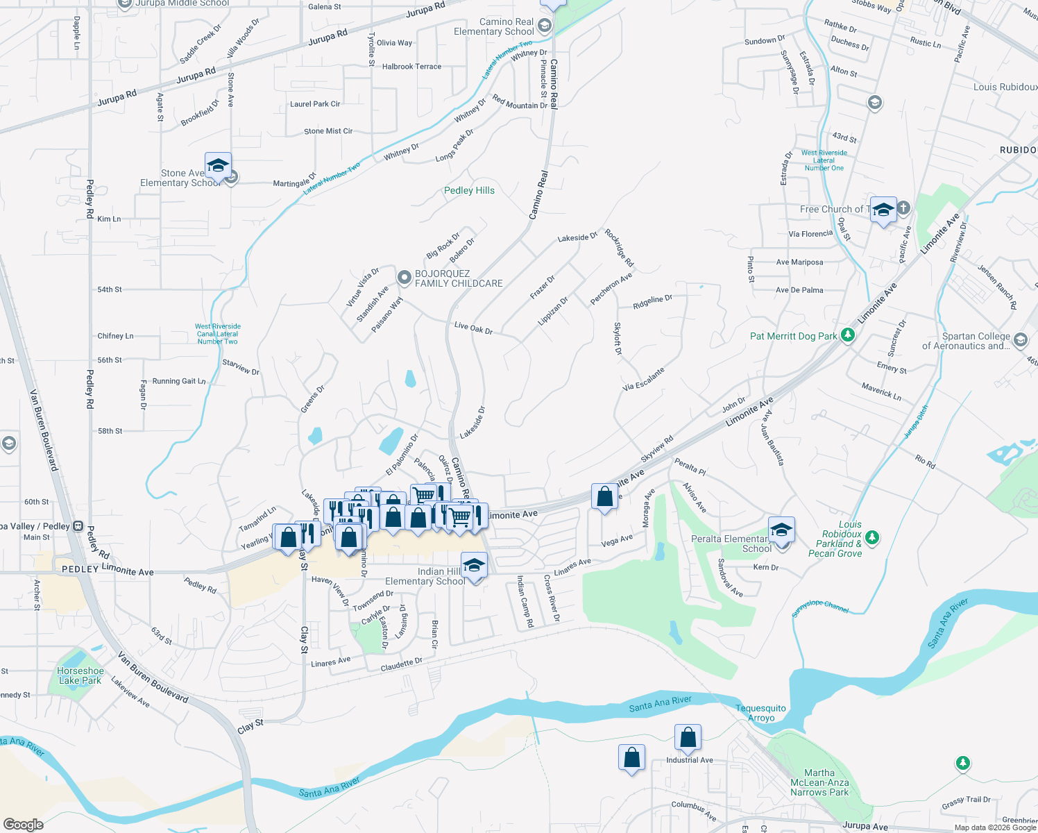 map of restaurants, bars, coffee shops, grocery stores, and more near 7421 Live Oak Drive in Riverside