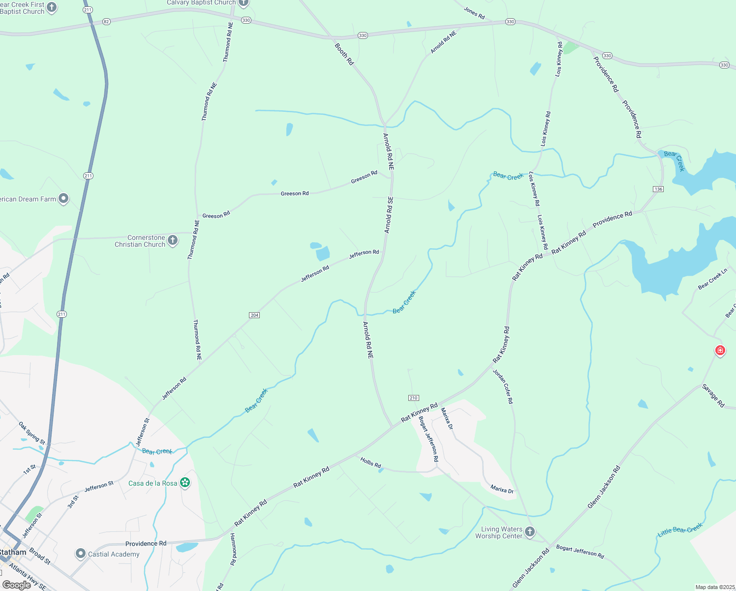 map of restaurants, bars, coffee shops, grocery stores, and more near 126 Arnold Road Southeast in Statham