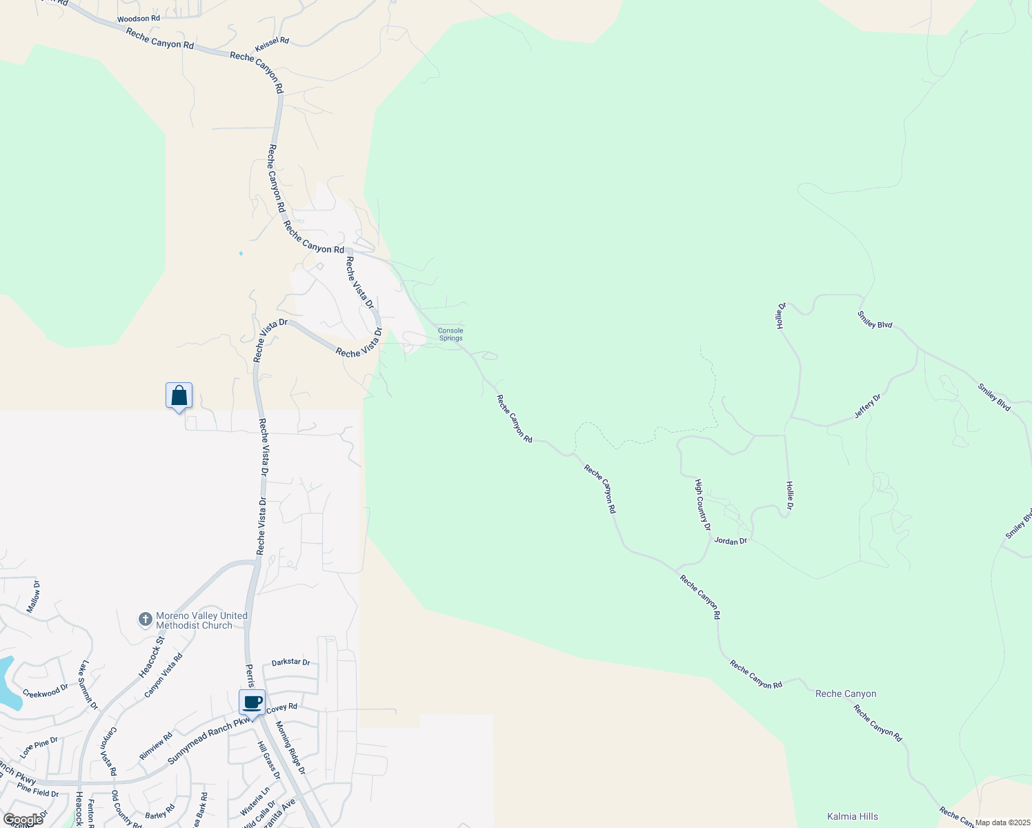 map of restaurants, bars, coffee shops, grocery stores, and more near Reche Canyon Road in Colton