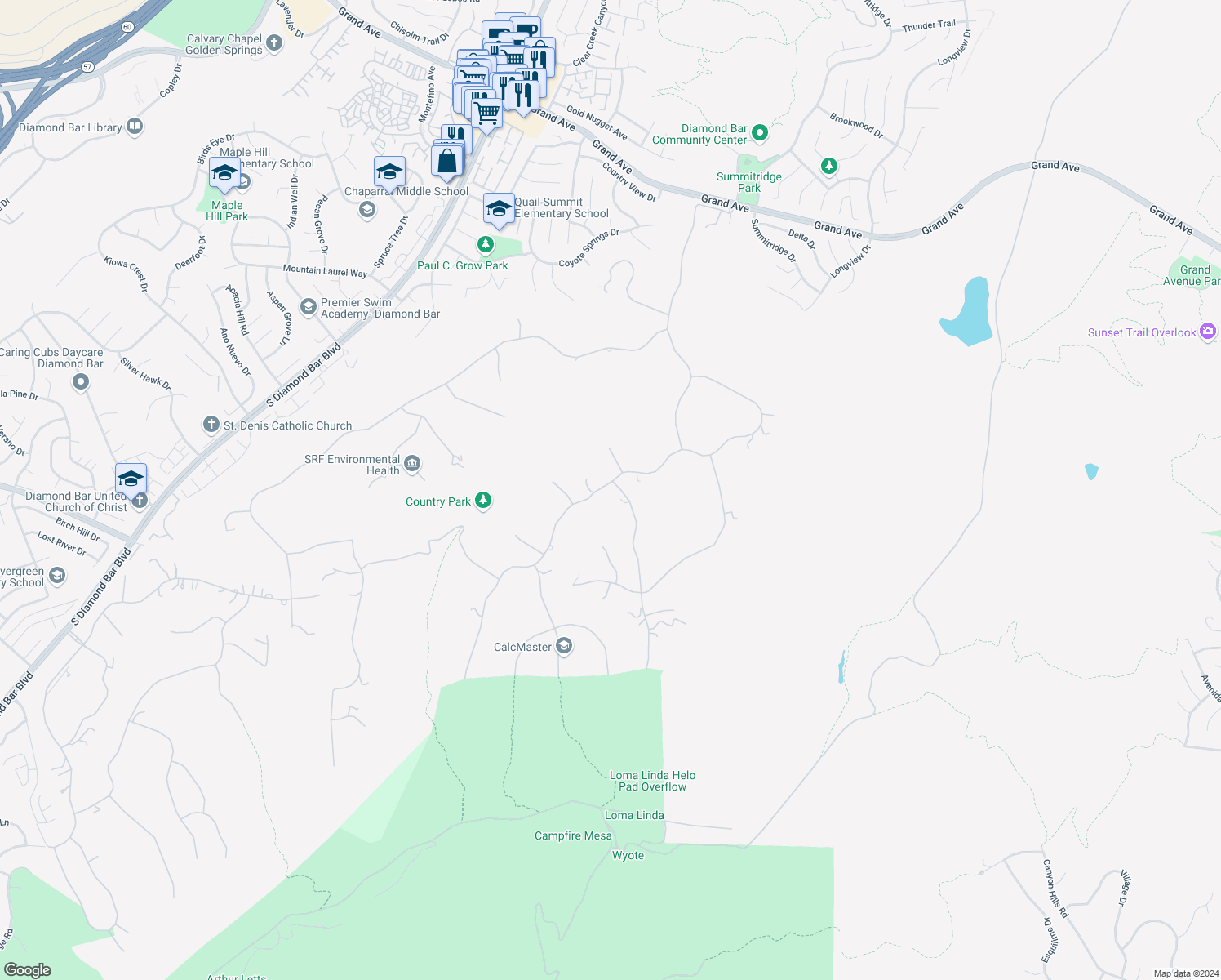 map of restaurants, bars, coffee shops, grocery stores, and more near 2330 Indian Creek Road in Diamond Bar