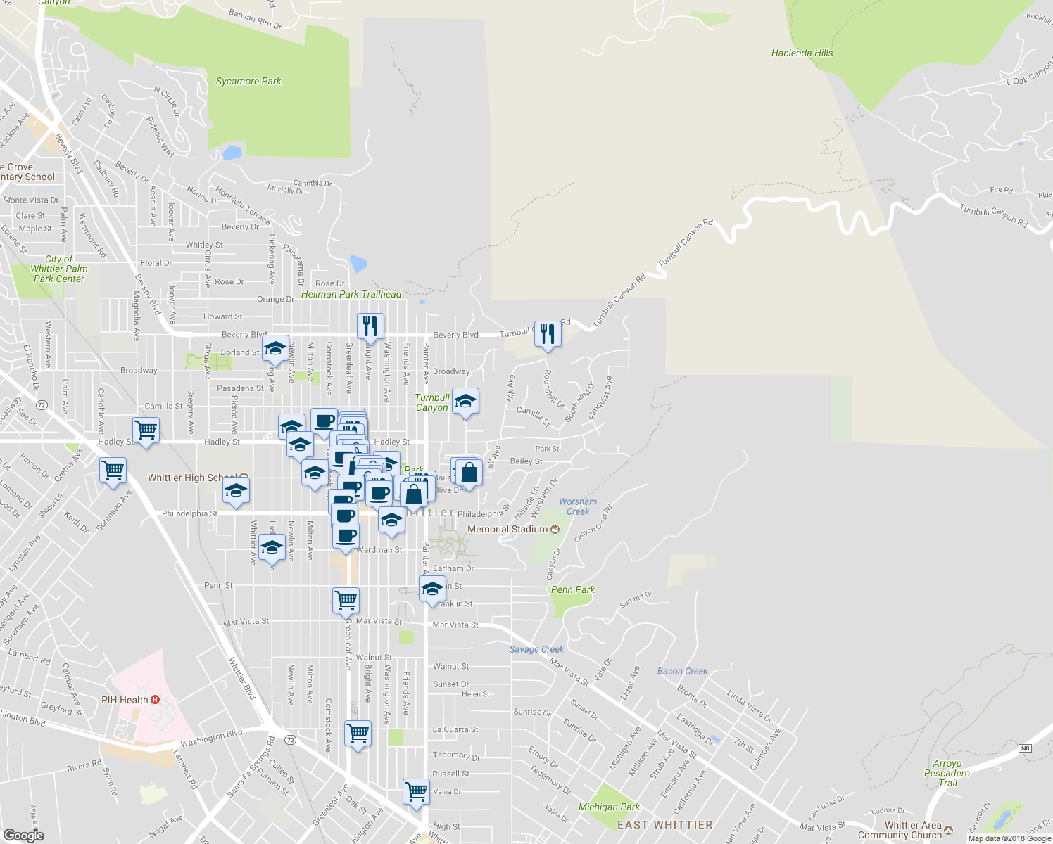 map of restaurants, bars, coffee shops, grocery stores, and more near 13639 Terrace Place in Whittier