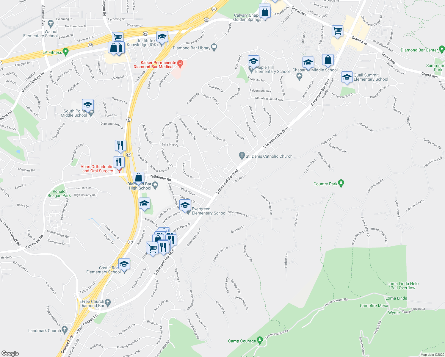 map of restaurants, bars, coffee shops, grocery stores, and more near 2354 Canyon Park Drive in Diamond Bar