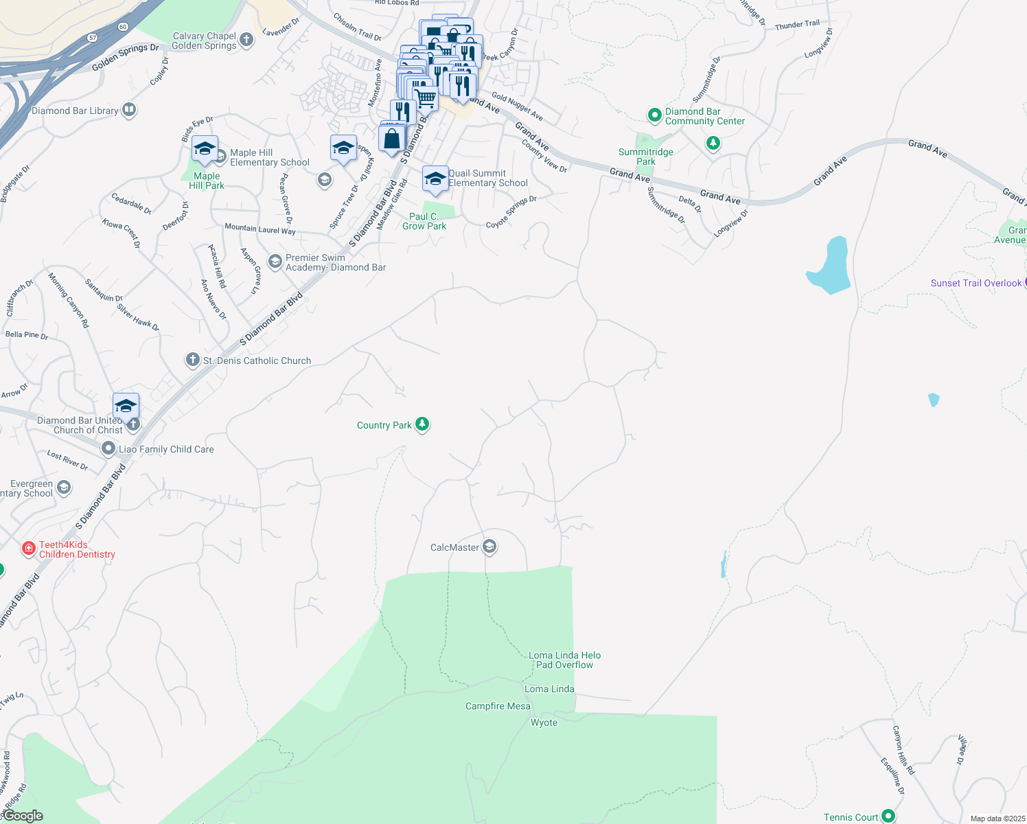 map of restaurants, bars, coffee shops, grocery stores, and more near 2351 Indian Creek Road in Diamond Bar
