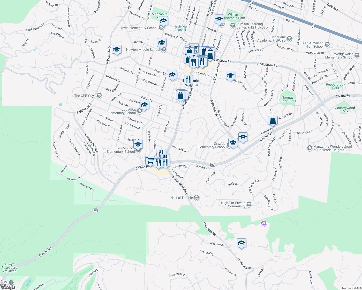 map of restaurants, bars, coffee shops, grocery stores, and more near 2865 Antisana Place in Hacienda Heights