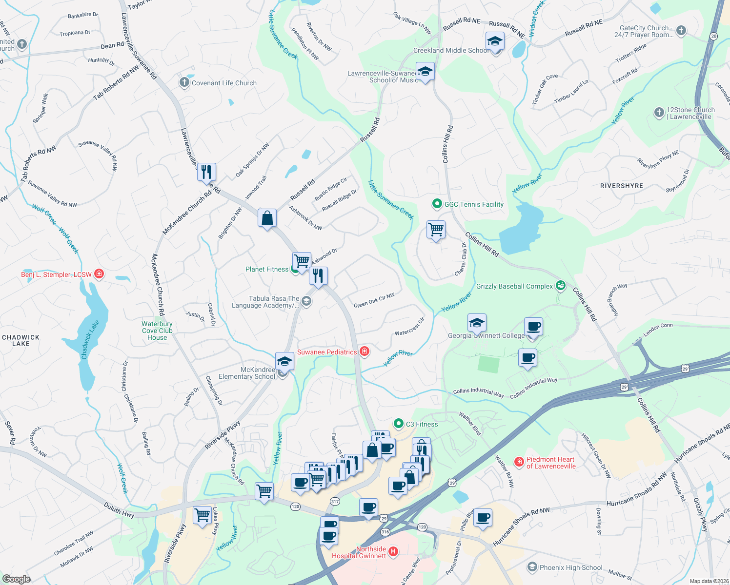 map of restaurants, bars, coffee shops, grocery stores, and more near 494 Meadowfield Court in Lawrenceville
