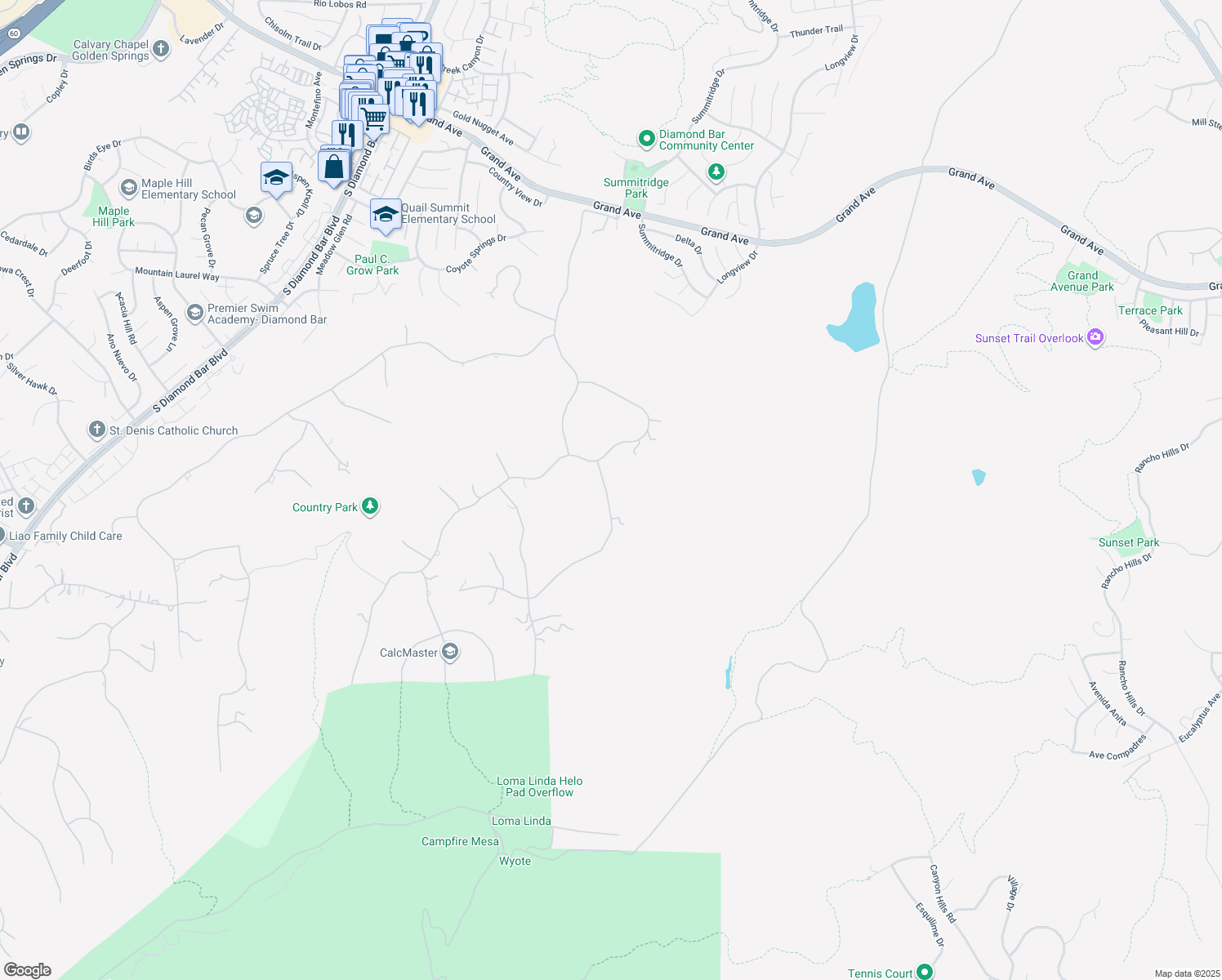 map of restaurants, bars, coffee shops, grocery stores, and more near 24042 Falcons View Drive in Diamond Bar