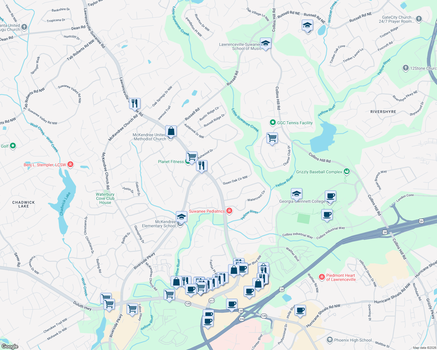map of restaurants, bars, coffee shops, grocery stores, and more near 545 Meadowfield Court in Lawrenceville