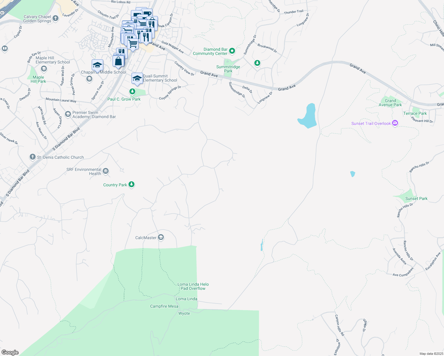 map of restaurants, bars, coffee shops, grocery stores, and more near 24042 Falcons View Drive in Diamond Bar
