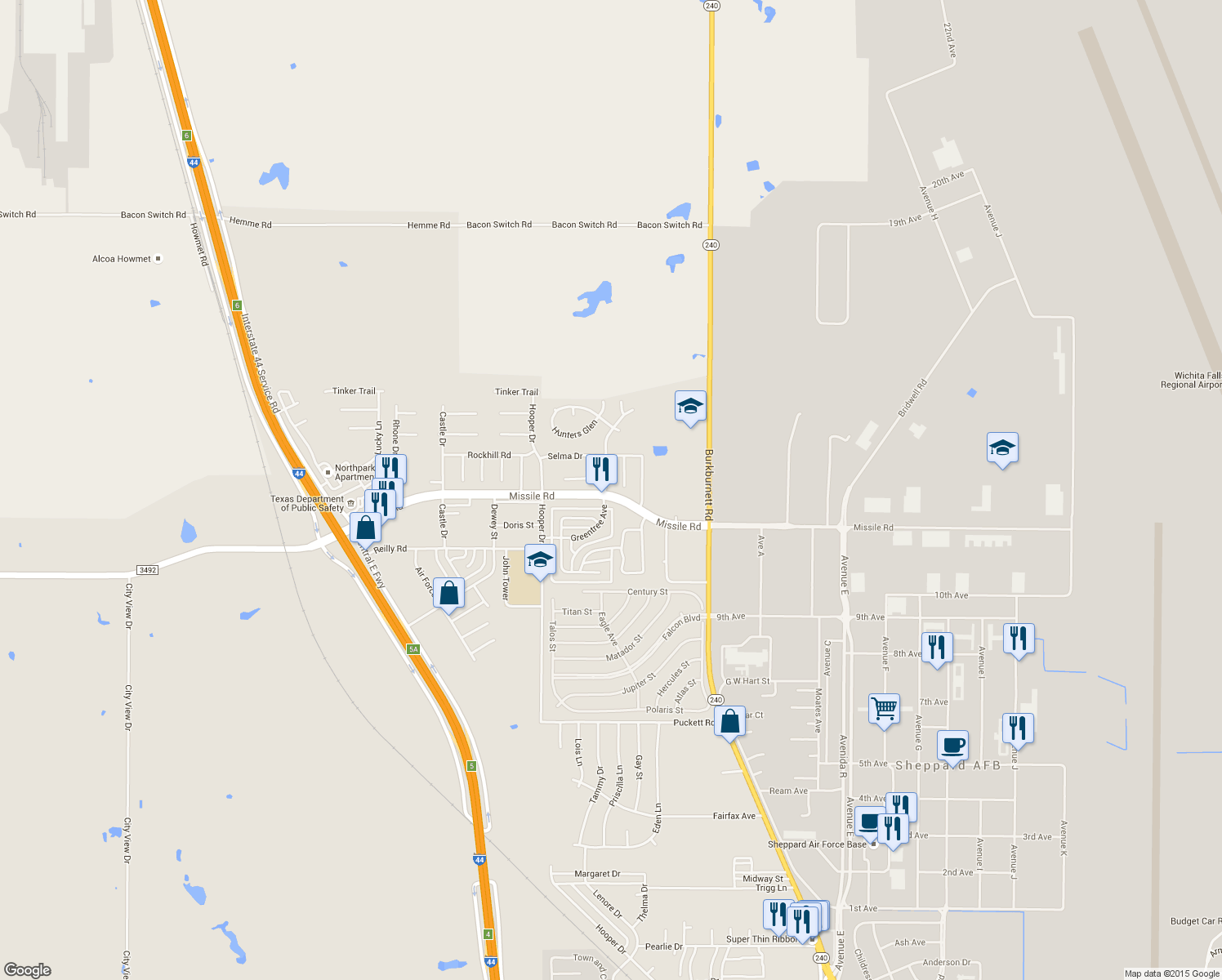 map of restaurants, bars, coffee shops, grocery stores, and more near 5501 Greentree Avenue in Wichita Falls