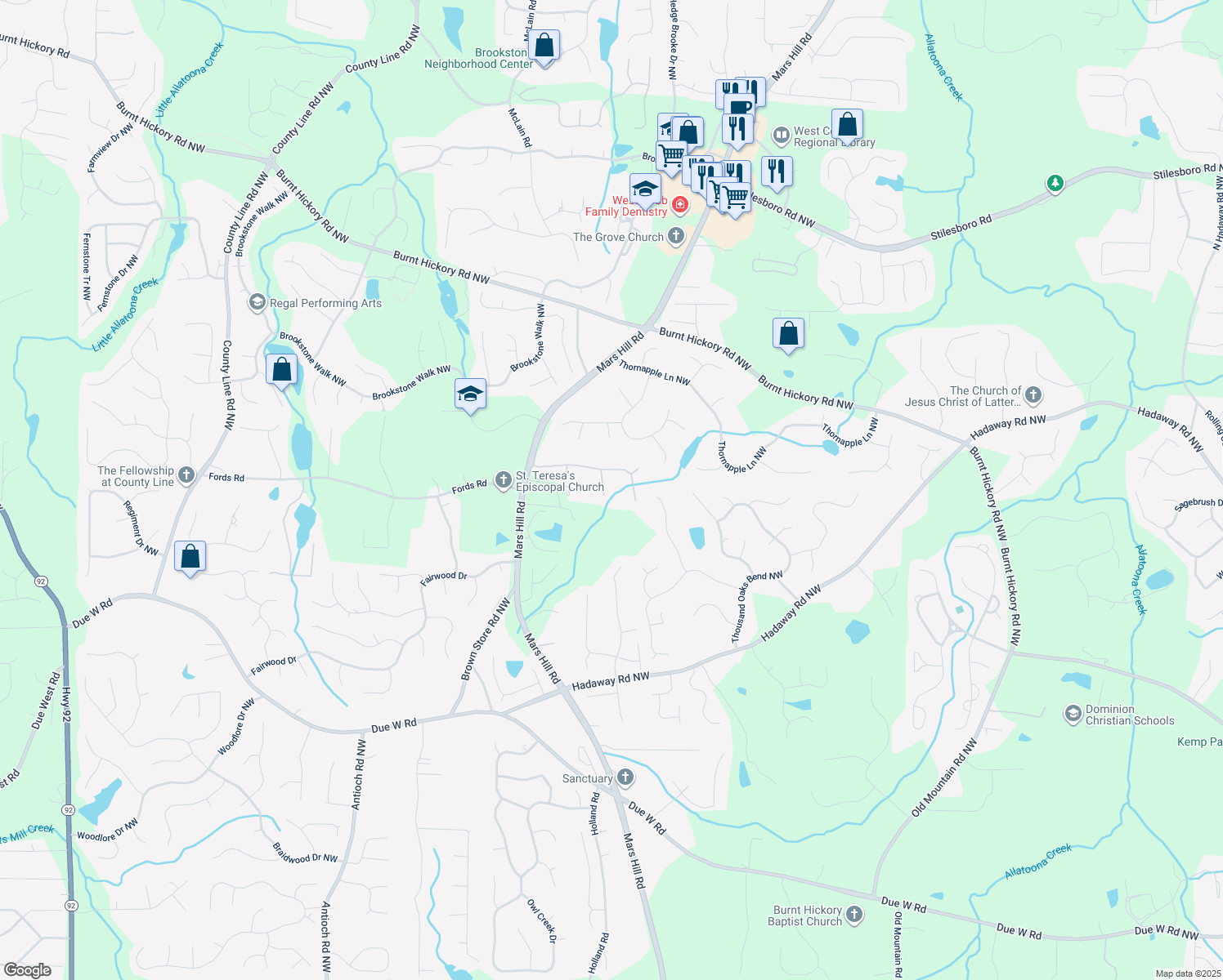 map of restaurants, bars, coffee shops, grocery stores, and more near 1234 Edenfield Place Northwest in Acworth