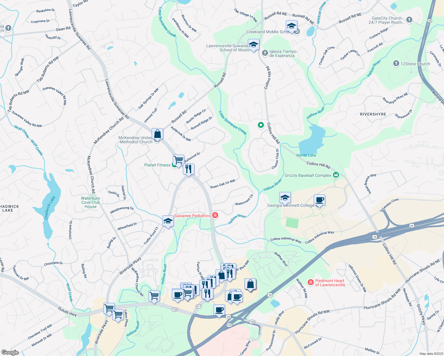map of restaurants, bars, coffee shops, grocery stores, and more near 464 Meadowfield Ct in Lawrenceville