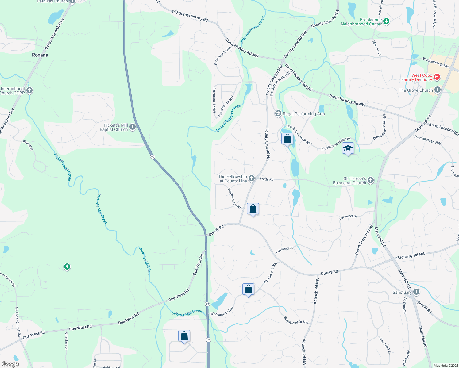 map of restaurants, bars, coffee shops, grocery stores, and more near 6420 Vicksburg Ct NW in Acworth