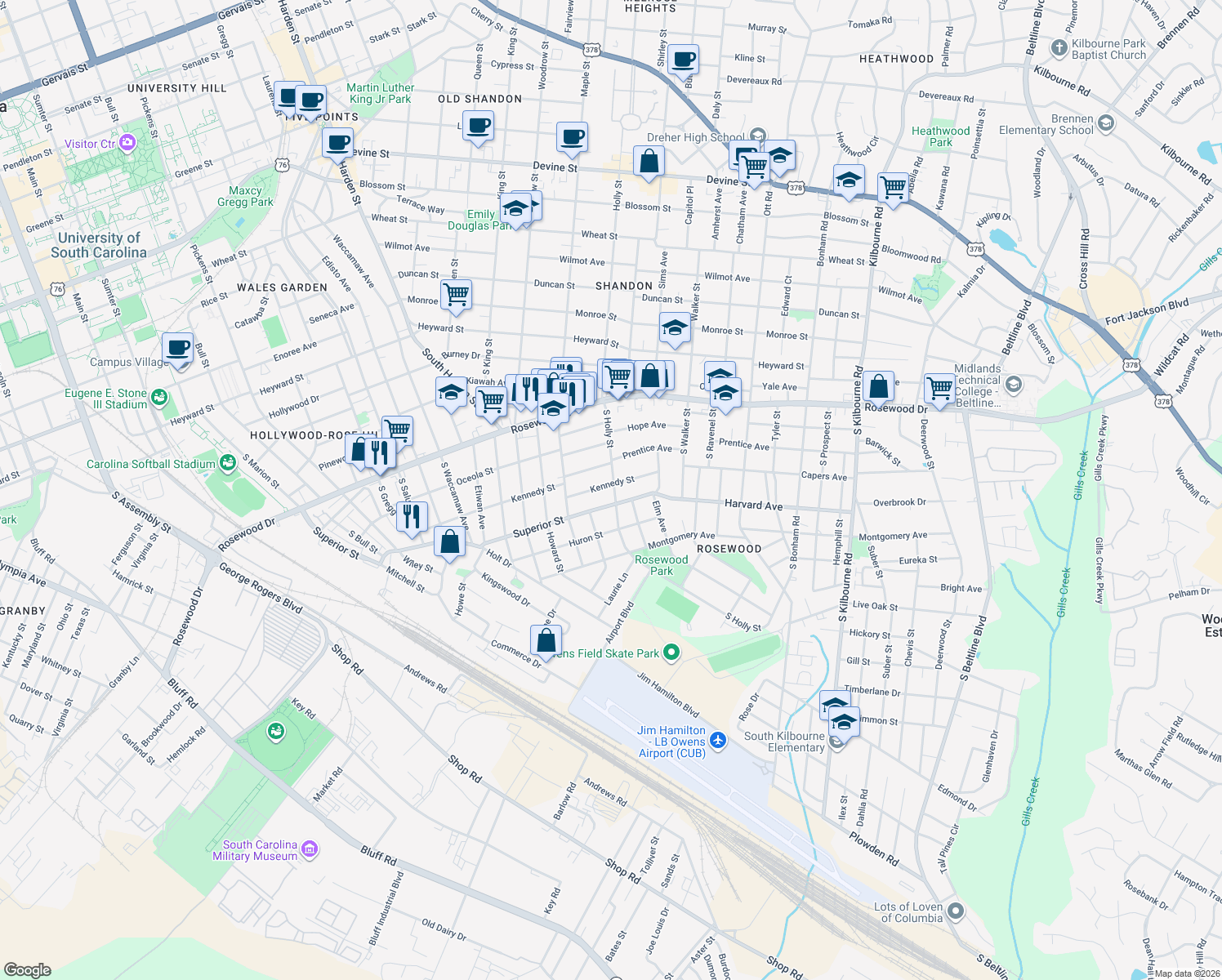 map of restaurants, bars, coffee shops, grocery stores, and more near 2944 Kennedy Street in Columbia