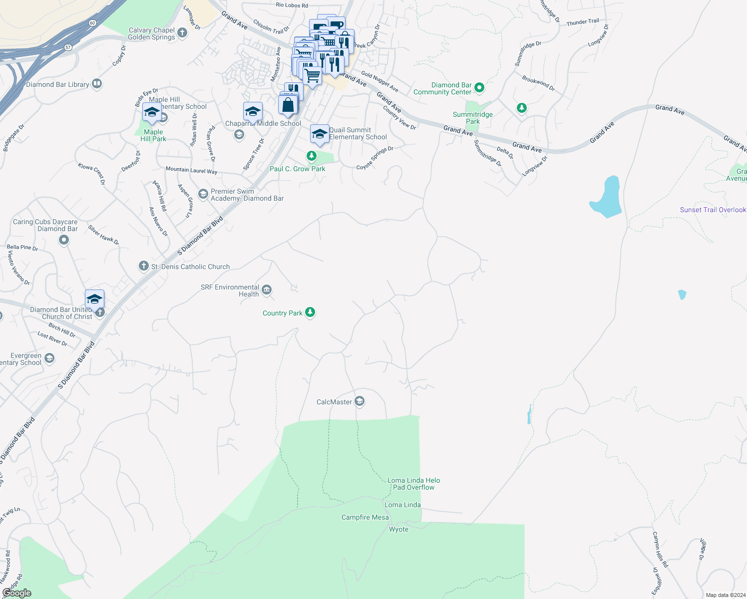 map of restaurants, bars, coffee shops, grocery stores, and more near 2351 Indian Creek Road in Diamond Bar
