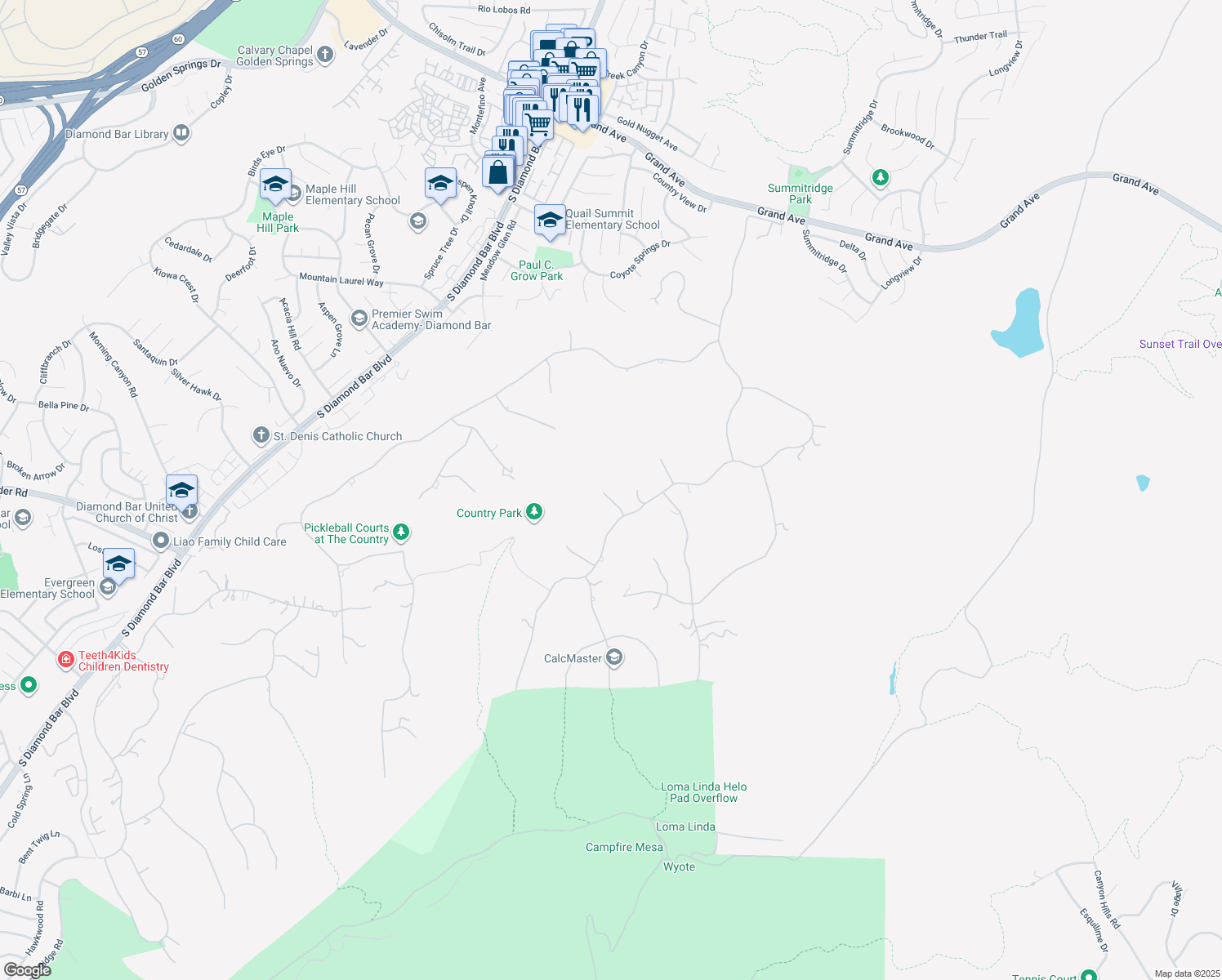 map of restaurants, bars, coffee shops, grocery stores, and more near 23511 Mirage Lane in Diamond Bar