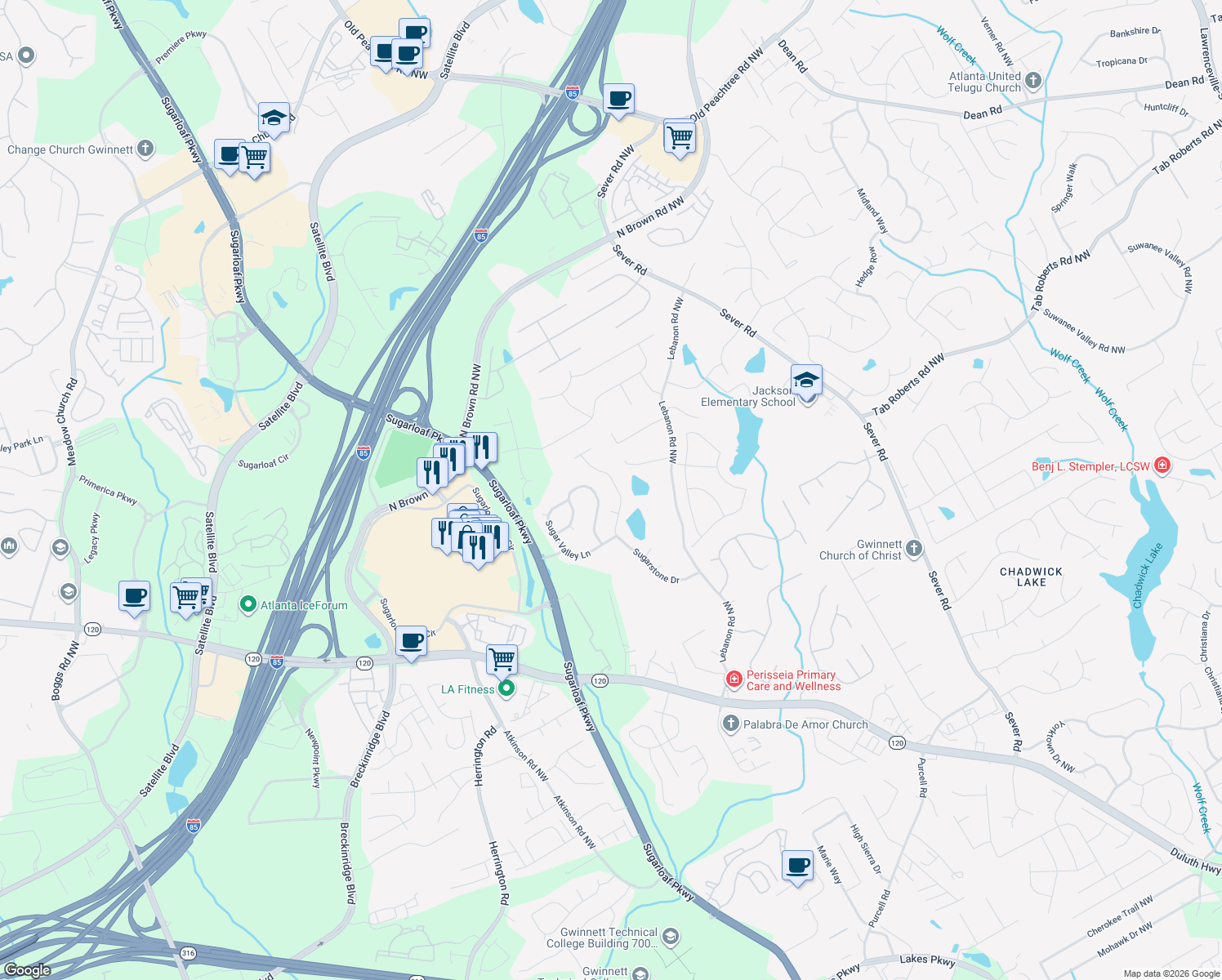 map of restaurants, bars, coffee shops, grocery stores, and more near 2002 Sugarstone Drive in Lawrenceville