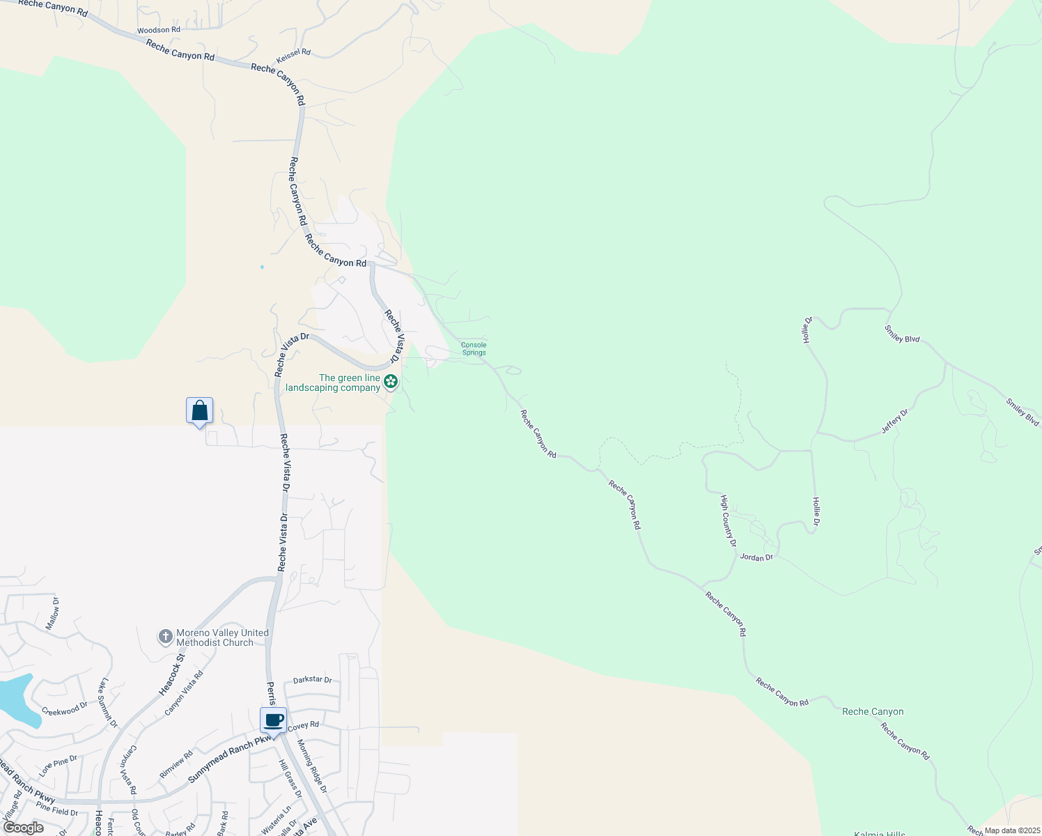 map of restaurants, bars, coffee shops, grocery stores, and more near 9355 Reche Canyon Road in Colton