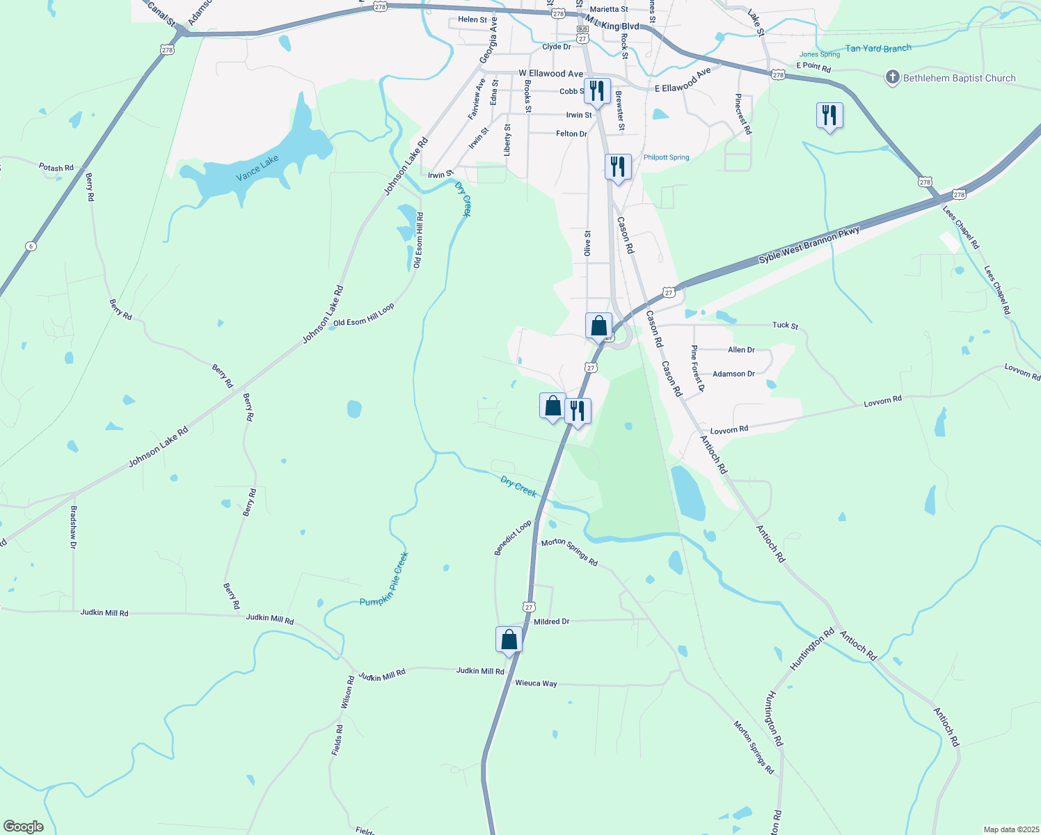 map of restaurants, bars, coffee shops, grocery stores, and more near 84 Watts Road in Cedartown