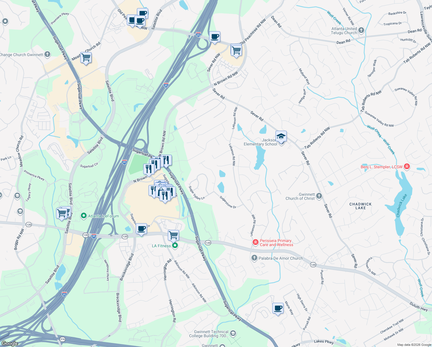 map of restaurants, bars, coffee shops, grocery stores, and more near 2003 Sugarstone Dr in Lawrenceville