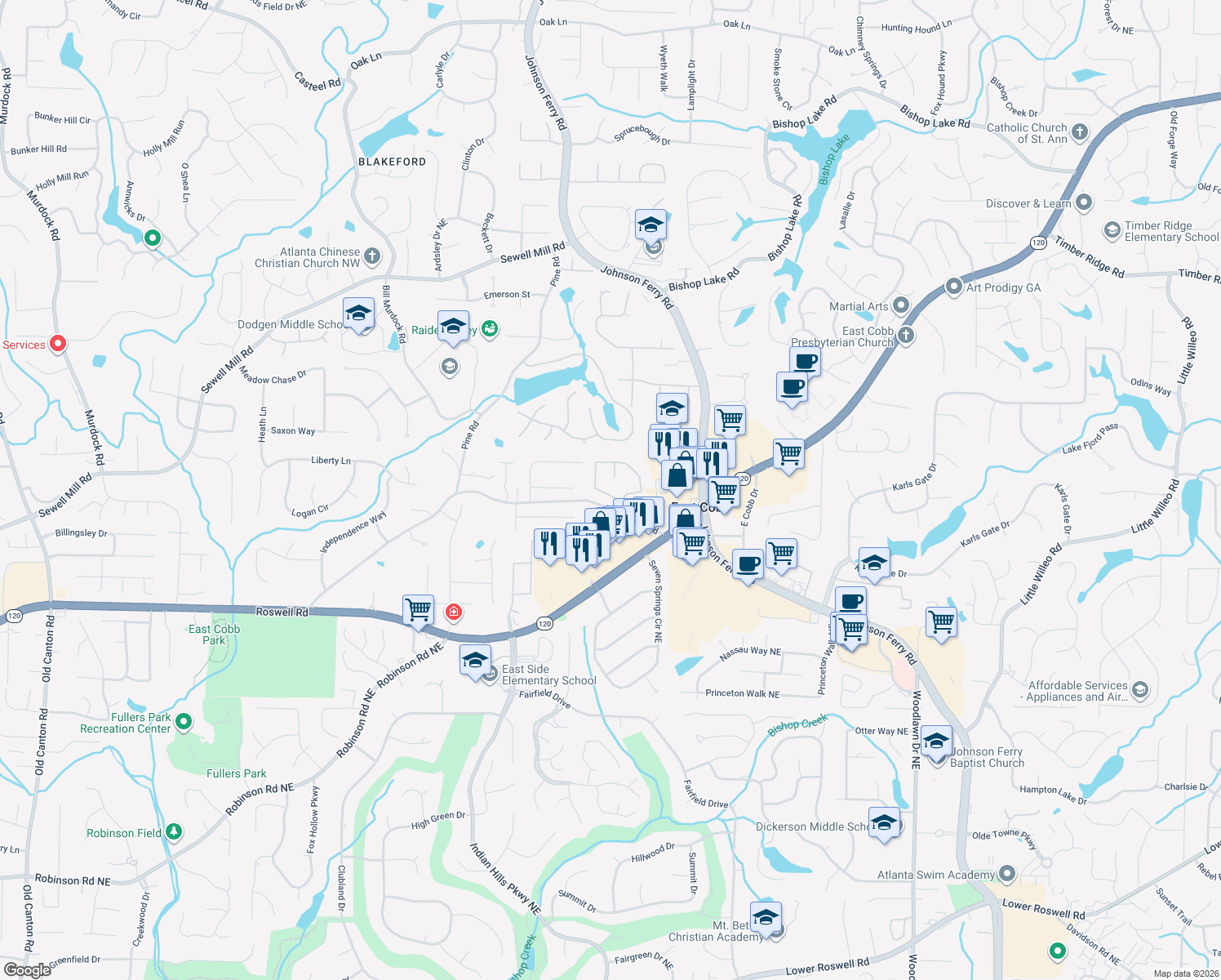 map of restaurants, bars, coffee shops, grocery stores, and more near 1465 Grovehurst Dr in Marietta