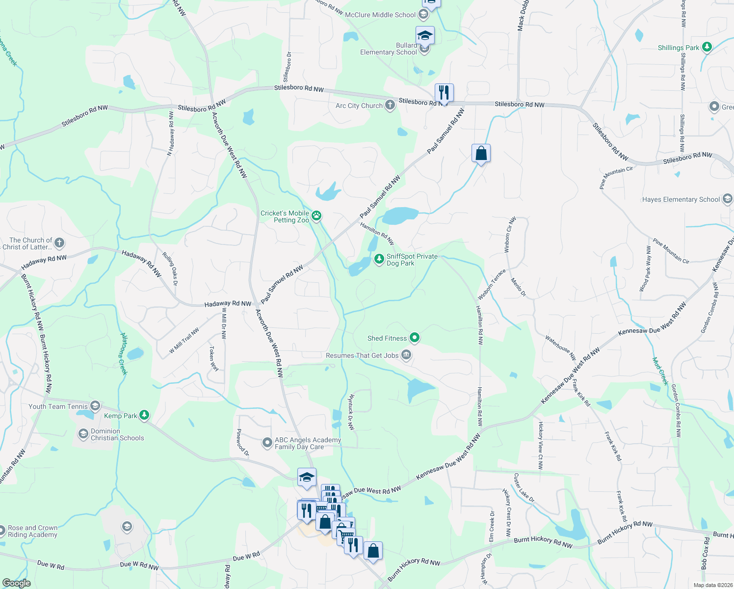 map of restaurants, bars, coffee shops, grocery stores, and more near 1337 Hamilton Road Northwest in Kennesaw