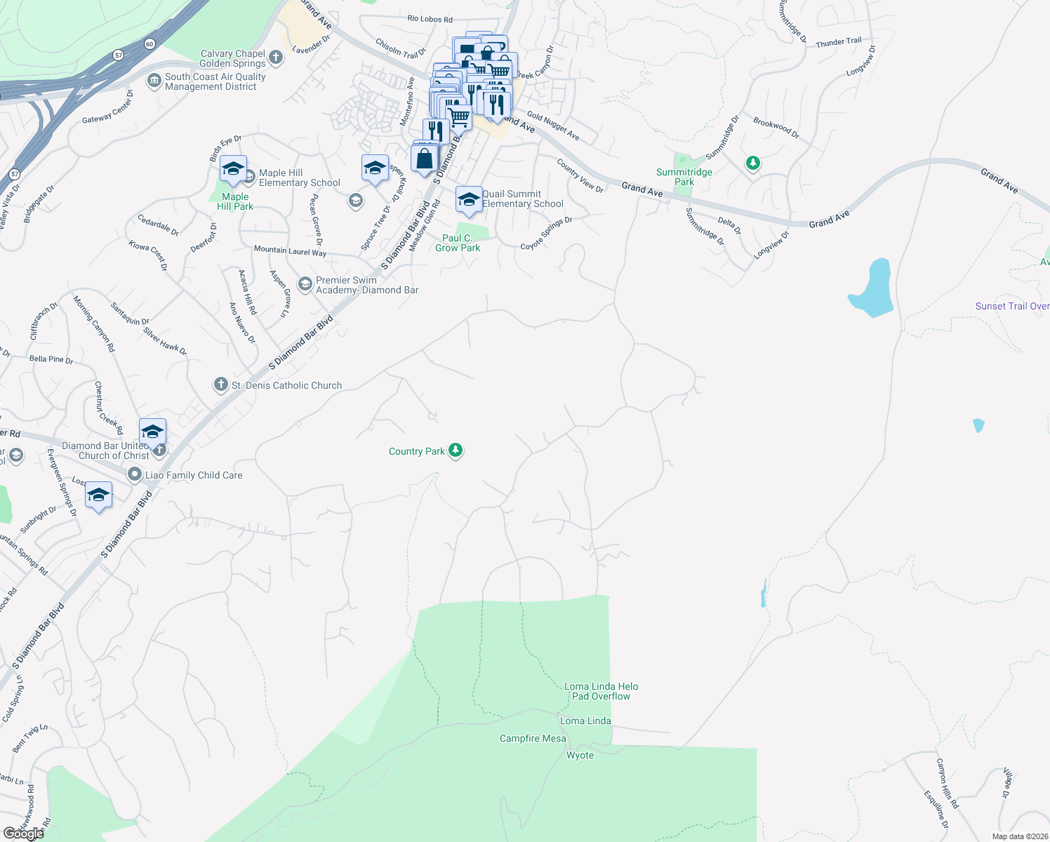 map of restaurants, bars, coffee shops, grocery stores, and more near 23511 Mirage Lane in Diamond Bar