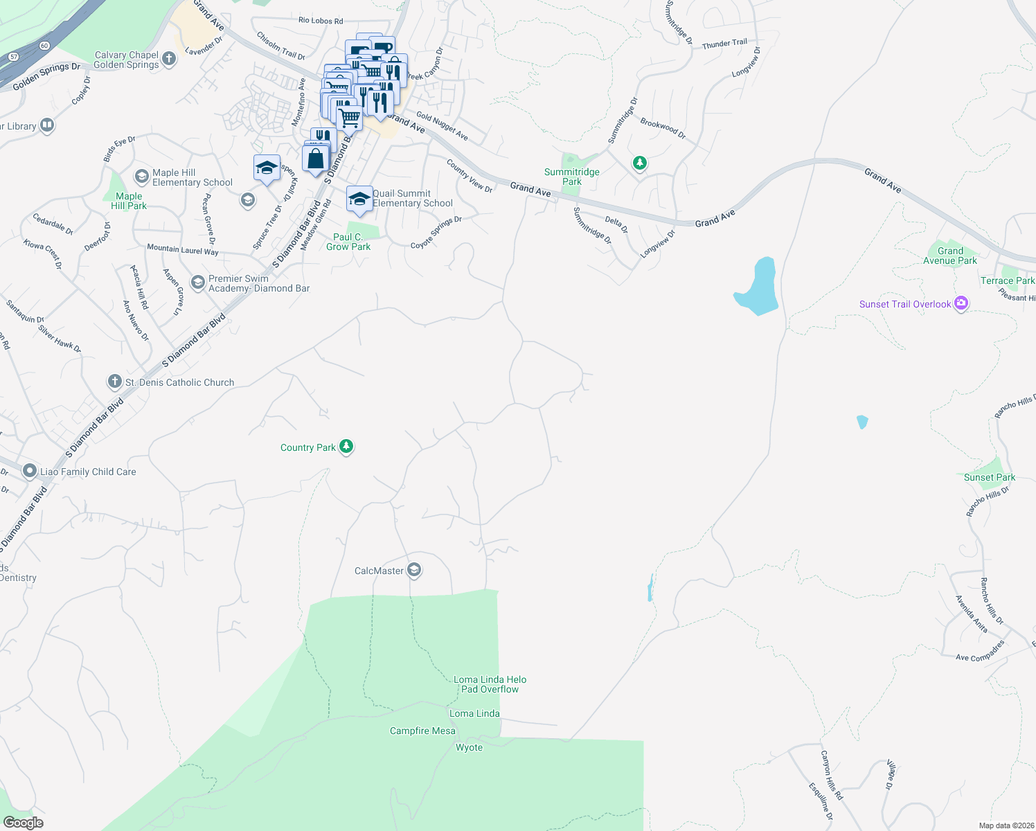 map of restaurants, bars, coffee shops, grocery stores, and more near 2182 Indian Creek Road in Diamond Bar