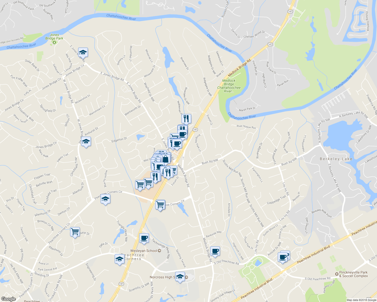 map of restaurants, bars, coffee shops, grocery stores, and more near 3962 Coventry Park Lane in Duluth