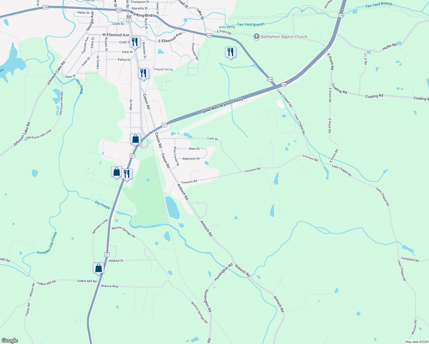 map of restaurants, bars, coffee shops, grocery stores, and more near 163 Lovvorn Road in Cedartown