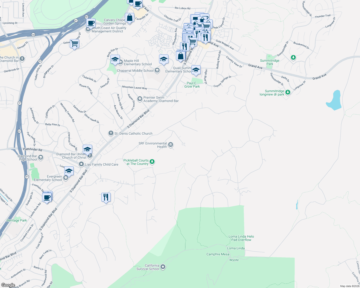 map of restaurants, bars, coffee shops, grocery stores, and more near 2169 Rocky View Road in Diamond Bar