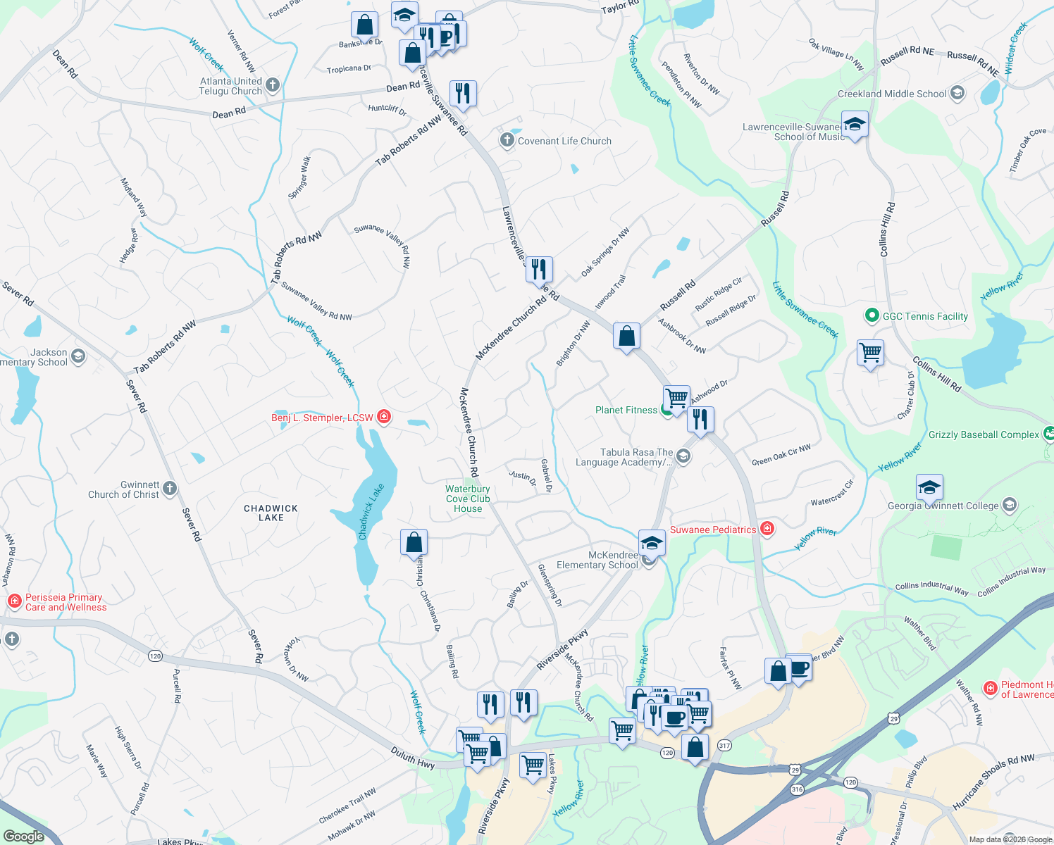 map of restaurants, bars, coffee shops, grocery stores, and more near 1557 Heartwood Dr in Lawrenceville