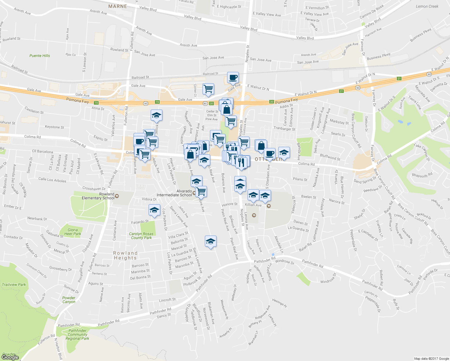 map of restaurants, bars, coffee shops, grocery stores, and more near 1826 Bolanos Avenue in Rowland Heights