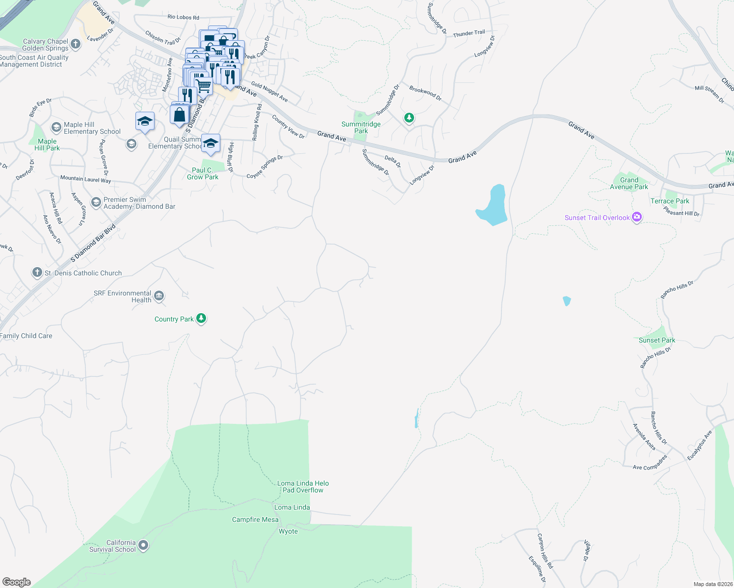 map of restaurants, bars, coffee shops, grocery stores, and more near 2112 Indian Creek Road in Diamond Bar
