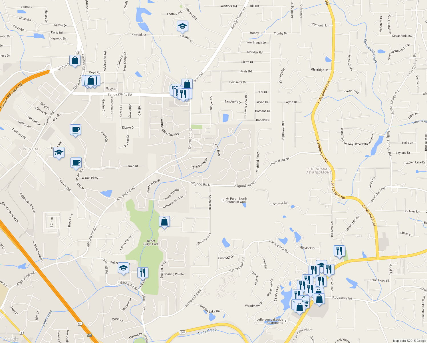map of restaurants, bars, coffee shops, grocery stores, and more near 1650 Emerald Ridge in Marietta