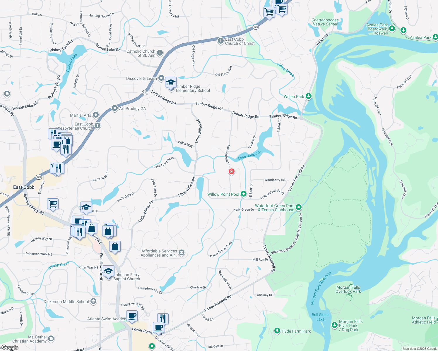map of restaurants, bars, coffee shops, grocery stores, and more near 5164 Deering Trail in Marietta
