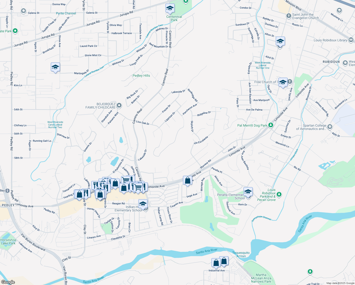 map of restaurants, bars, coffee shops, grocery stores, and more near 7340 Live Oak Drive in Riverside