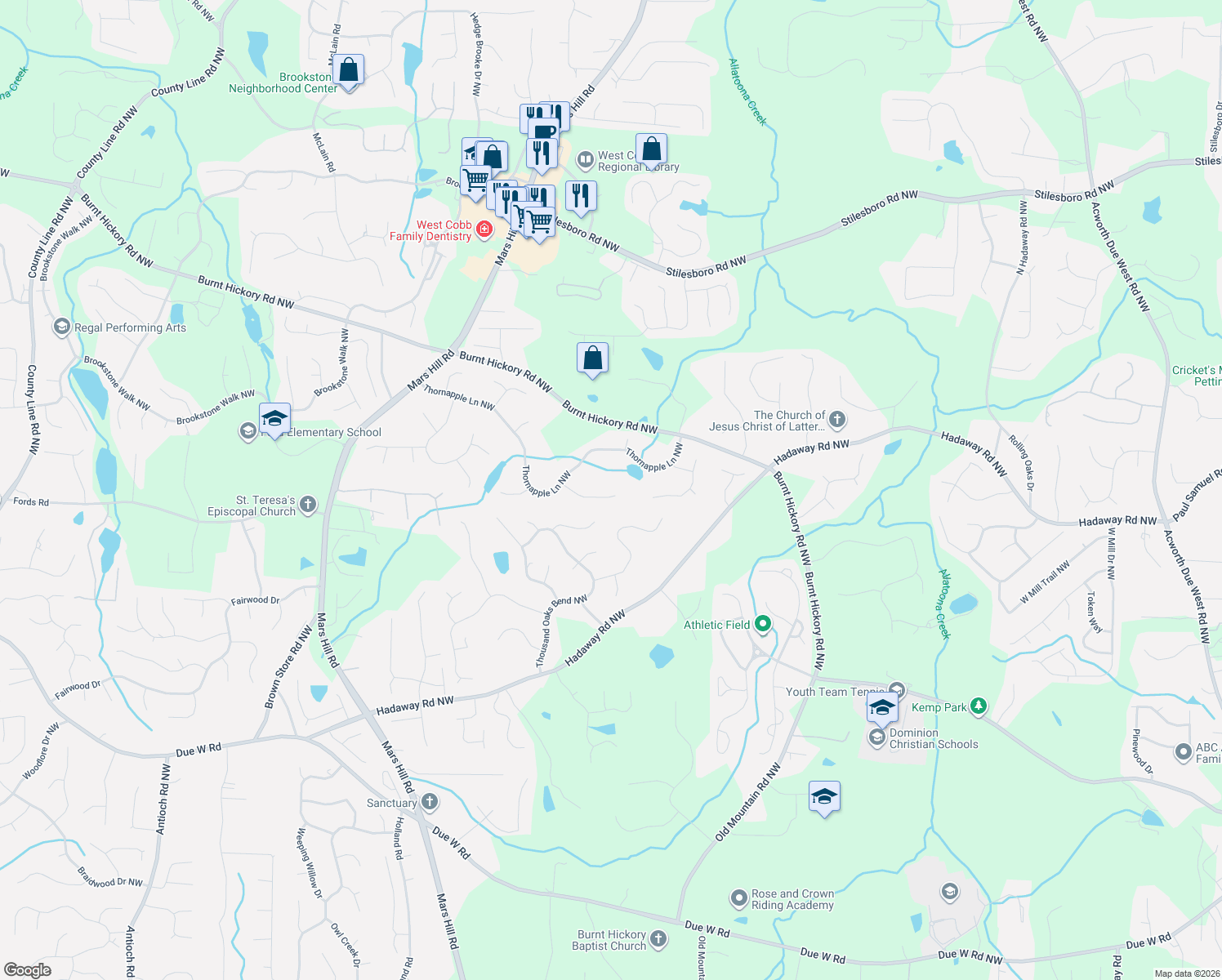 map of restaurants, bars, coffee shops, grocery stores, and more near 5183 Catalpa Knoll Northwest in Acworth